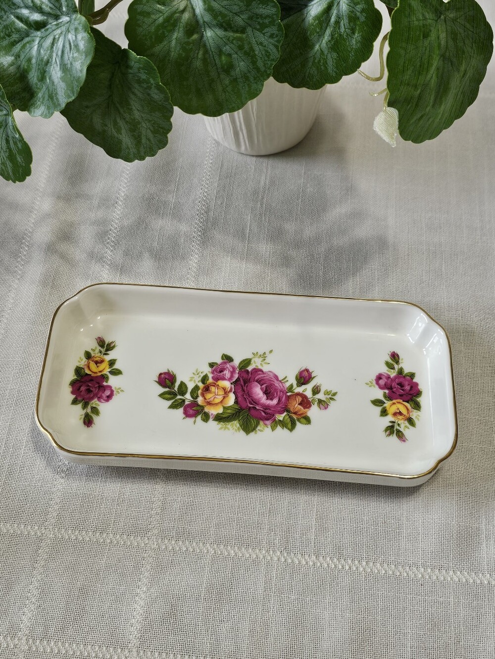 Sheltonian China Porcelain Floral Trinket Tray with Pink and Yellow Roses